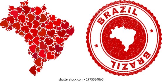 Collage Brazil map created from red love hearts, and rubber seal stamp. Vector lovely round red rubber seal stamp imitation with Brazil map inside.