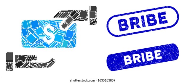 Collage bribe and corroded stamp seals with Bribe caption. Mosaic vector bribe is designed with random rectangle items. Bribe seals use blue color, and have round rectangle shape.