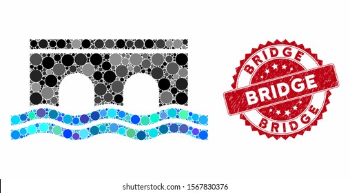 Collage bridge and rubber stamp watermark with Bridge caption. Mosaic vector is created with bridge icon and with randomized circle spots. Bridge stamp seal uses red color, and rubber texture.