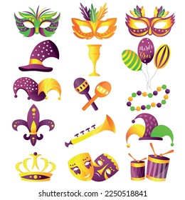 Collage of bright Mardi Gras symbols on white background