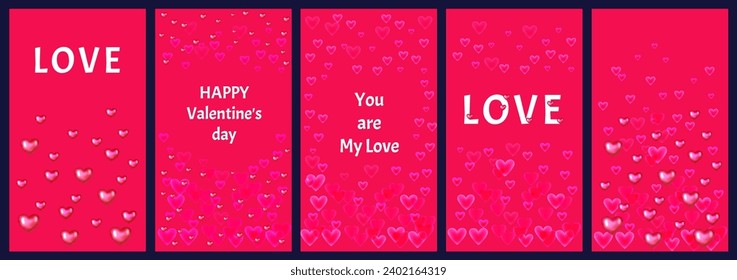 Collage bright red stories templates. Set Happy Valentines day, love, you are my love. Festive vector illustration greeting cards with bright hearts. Graphics suitable for use for banner, print