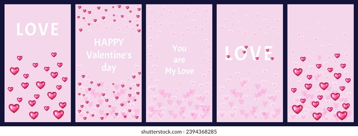 Collage bright simple stories templates. Set Happy Valentine’s day, love, you are my love. Set of festive vector illustration templates with bright hearts. Graphics suitable for use for banner, print