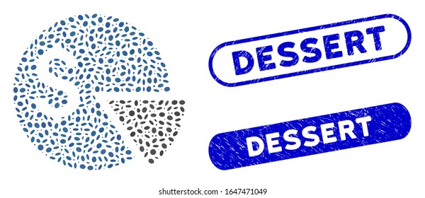 Gráfica de tarta de presupuesto y sellos de sello de granulado con frase de postre. El gráfico circular del presupuesto vectorial mosaico se forma con partes ovales dispersas.  