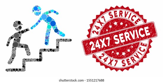 Collage builder business help and distressed stamp seal with 24X7 Service caption. Mosaic vector is designed with builder business help icon and with randomized spheric items.