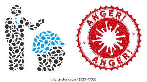 Collage builder management icon and red rounded corroded stamp seal with Anger! text and coronavirus symbol. Mosaic vector is created with builder management icon and with scattered oval items.