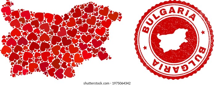 Collage Bulgaria map formed with red love hearts, and textured seal stamp. Vector lovely round red rubber seal stamp imitation with Bulgaria map inside.