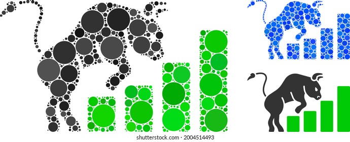 Collage bullish market chart icon united from circle elements in variable sizes, positions and proportions. Blue and original versions of bullish market chart icon.
