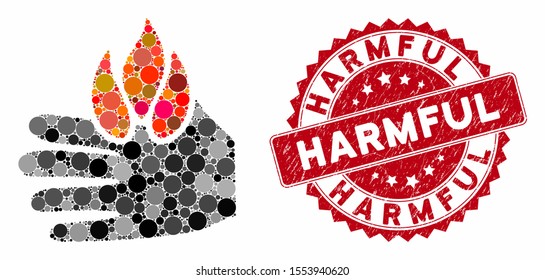 Collage burn hand and corroded stamp seal with Harmful phrase. Mosaic vector is designed with burn hand icon and with random round items. Harmful stamp seal uses red color, and grunged design.