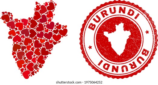 Collage Burundi map designed with red love hearts, and rubber badge. Vector lovely round red rubber seal stamp imprint with Burundi map inside.