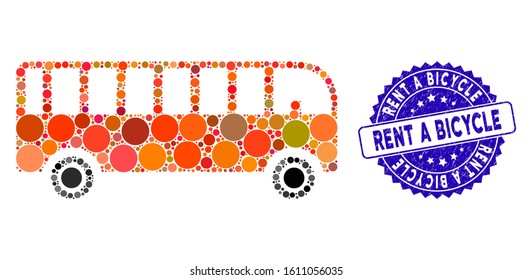 Collage bus icon and rubber stamp seal with Rent a Bicycle phrase. Mosaic vector is created with bus icon and with random spheric spots. Rent a Bicycle seal uses blue color, and rubber surface.