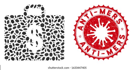 Collage business case icon and red rounded rubber stamp watermark with Anti-Mers phrase and coronavirus symbol. Mosaic vector is designed with business case icon and with random oval spots.