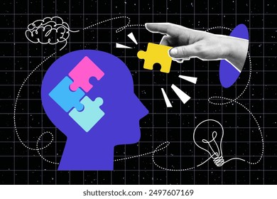 Collage of business concept with halftone hand, puzzle, braine, bulb, human head. Brainstorming, idea, innovation, teamwork and partnership vector illustration in pop art style