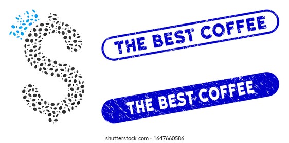 Collage business crown and grunge stamp seals with The Best Coffee text. Mosaic vector business crown is formed with scattered elliptic items. The Best Coffee stamp seals use blue color,