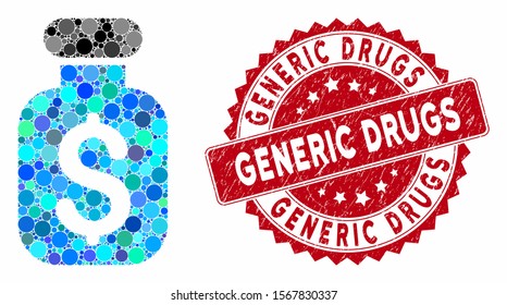 Collage Business Remedy And Distressed Stamp Seal With Generic Drugs Text. Mosaic Vector Is Formed With Business Remedy Icon And With Randomized Spheric Items. Generic Drugs Stamp Seal Uses Red Color,