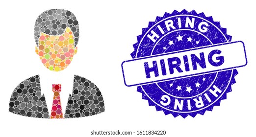 Collage businessman icon and grunge stamp watermark with Hiring phrase. Mosaic vector is designed with businessman icon and with scattered round spots. Hiring stamp uses blue color,