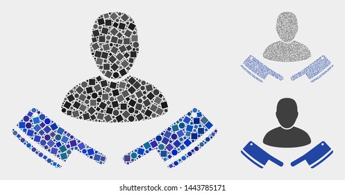 Collage Butcher icon united from round and square elements in random sizes, positions and proportions. Vector round and square elements are grouped into abstract mosaic butcher icons.