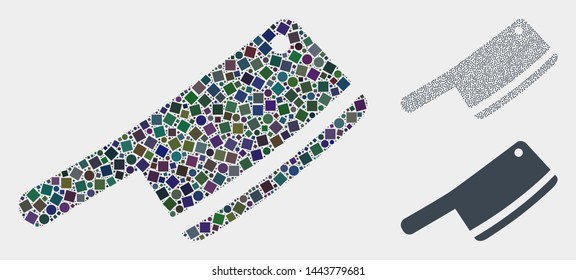 Collage Butchery blade icon designed from circle and square items in various sizes, positions and proportions. Vector round and square items are grouped into abstract collage butchery blade icons.