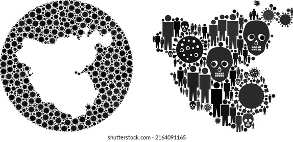 Collage Cadiz Province map united from virus items and population and skeleton elements. Pandemic virus Cadiz Province map collage created with circle and stencil.