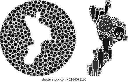 Collage Calabria region map composed of virus outbreak icons and men and skeleton icons. Evil virus Calabria region map collage created with circle and subtracted shape.