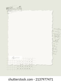 Collage Calendar April 2022 To do list, planner note taking, openwork frame, stamp, ideas, plans, reminders.