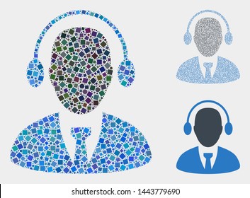 Collage Call center agent icon united from round and square elements in random sizes, positions and proportions.
