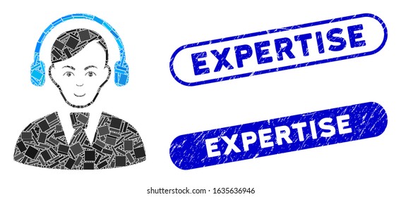 Collage call center operator and corroded stamp seals with Expertise text. Mosaic vector call center operator is formed with scattered rectangle items. Expertise stamp seals use blue color,