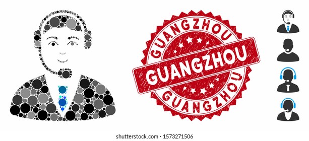 Collage call center operator icon and rubber stamp seal with Guangzhou caption. Mosaic vector is composed with call center operator icon and with random round spots.
