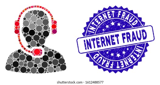 Collage call center operator icon and grunge stamp seal with Internet Fraud phrase. Mosaic vector is created with call center operator icon and with scattered spheric items.