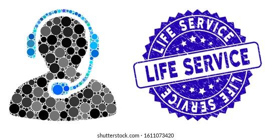 Collage call center worker icon and grunge stamp watermark with Life Service text. Mosaic vector is composed with call center worker icon and with scattered circle spots.