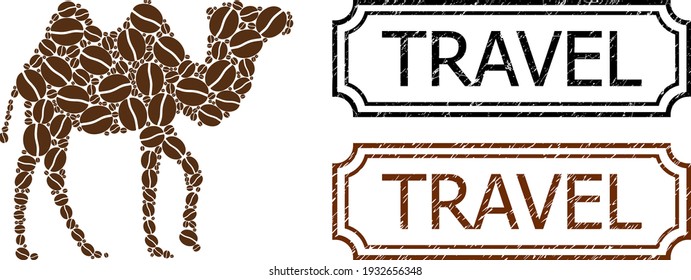 Collage camel designed from coffee beans, and grunge Travel rectangle seal stamps with notches. Vector coffee parts are grouped into abstract collage camel icon with brown color.