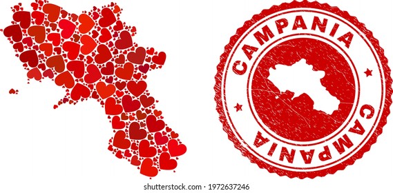 Collage Campania region map designed with red love hearts, and textured seal stamp. Vector lovely round red rubber seal stamp imprint with Campania region map inside.