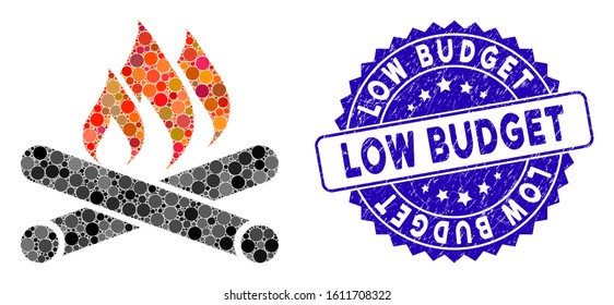 Collage campfire icon and rubber stamp seal with Low Budget caption. Mosaic vector is created with campfire icon and with random circle elements. Low Budget stamp seal uses blue color,