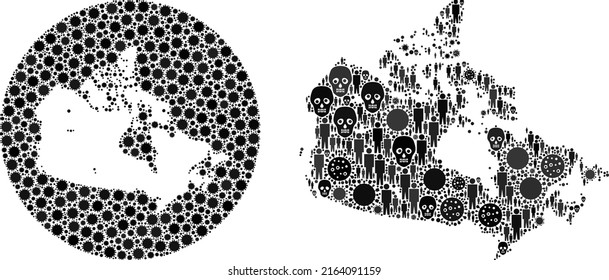 Collage Canada map designed from flu virus elements and humans and mortal items. Evil virus Canada map collage created with sphere and cut out shape. Collages designed for quarantine purposes.