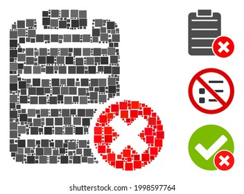 Collage Cancel test icon composed of square items in random sizes and color hues. Vector square items are composed into abstract collage cancel test icon. Bonus pictograms are placed.