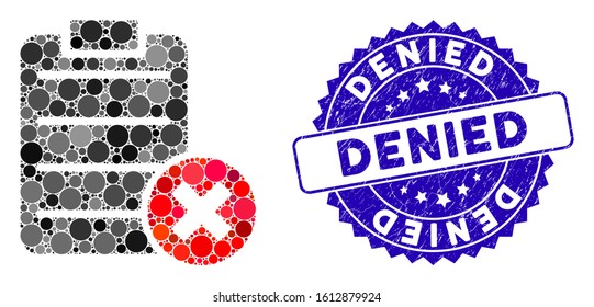 Collage cancel test icon and rubber stamp seal with Denied phrase. Mosaic vector is created with cancel test icon and with scattered spheric spots. Denied stamp uses blue color, and scratched surface.