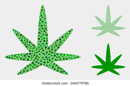 Collage Cannabis leaf icon composed of round and square items in different sizes, positions and proportions. Vector round and square elements are grouped into abstract collage cannabis leaf icons.