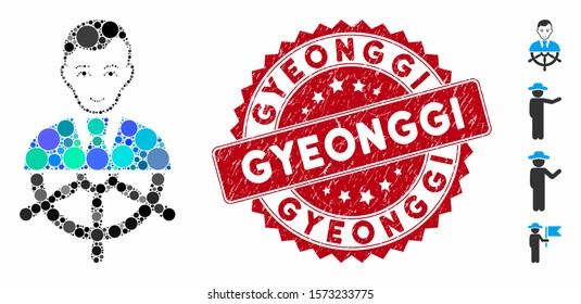 Collage captain icon and rubber stamp seal with Gyeonggi text. Mosaic vector is designed with captain icon and with random round elements. Gyeonggi seal uses red color, and scratched texture.