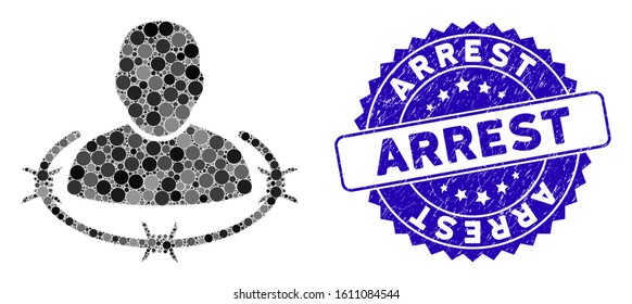 Collage captured man icon and distressed stamp seal with Arrest phrase. Mosaic vector is designed from captured man icon and with random spheric elements. Arrest stamp seal uses blue color,