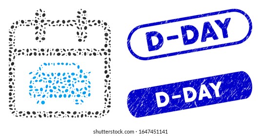 Collage car day and corroded stamp seals with D-Day phrase. Mosaic vector car day is formed with randomized oval dots. D-Day stamp seals use blue color, and have round rectangle shape.