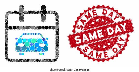 Collage car day and rubber stamp seal with Same Day phrase. Mosaic vector is formed with car day icon and with random round elements. Same Day stamp seal uses red color, and rubber texture.