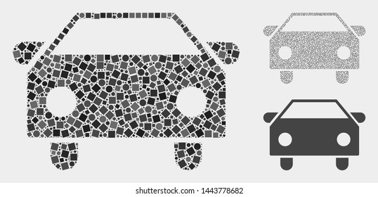 Collage Car icon organized from circle and square items in various sizes, positions and proportions. Vector circle and square elements are grouped into abstract collage car icons.