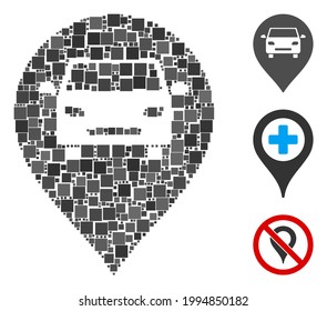 Collage Car map marker icon composed of square items in random sizes and color hues. Vector square items are composed into abstract mosaic car map marker icon. Bonus pictograms are placed.