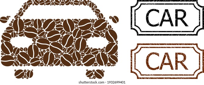 Collage car organized from coffee beans, and grunge Car rectangle stamps with notches. Vector coffee elements are organized into abstract collage car icon with brown color.