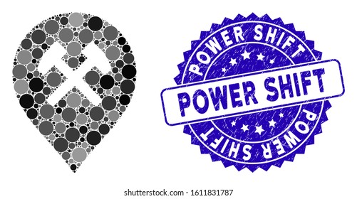 Collage car service icon and rubber stamp seal with Power Shift caption. Mosaic vector is composed with car service icon and with random round spots. Power Shift stamp seal uses blue color,