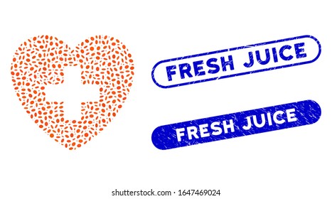 Collage cardiology and grunge stamp seals with Fresh Juice text. Mosaic vector cardiology is created with randomized oval elements. Fresh Juice stamp seals use blue color,