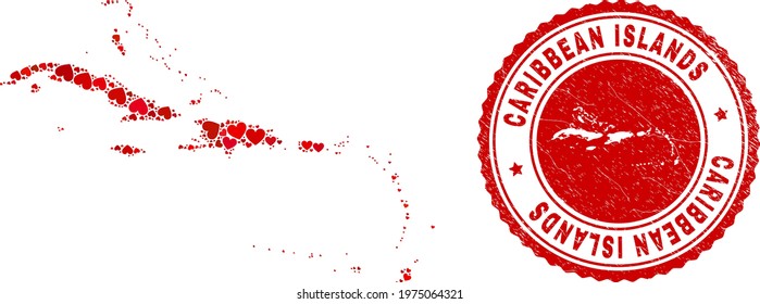Collage Caribbean Islands map formed with red love hearts, and textured seal stamp. Vector lovely round red rubber seal imitation with Caribbean Islands map inside.