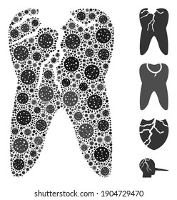 Collage caries united from coronavirus elements in variable sizes and color hues. Vector viral icons are united into abstract illustration caries icon. Some bonus icons are added.