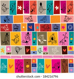 collage cartoon birds doodle pattern