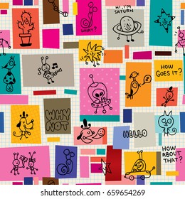 collage cartoon characters doodle seamless pattern