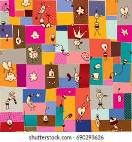 collage and cartoon characters doodles seamless pattern